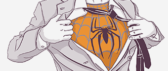 Illustration of a person in a suit opening their shirt to reveal a superhero costume underneath, symbolizing hidden strength or alter ego.