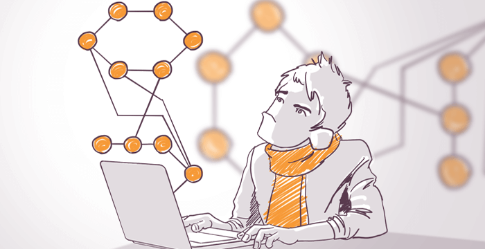 Illustration of a person with a scarf working on a laptop with abstract molecular or network structures in the background.