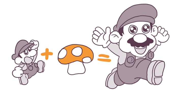 Illustration of a cartoon plumber character before and after power-up with a mushroom, showing a small version and a larger, happy version jumping with arms wide open.