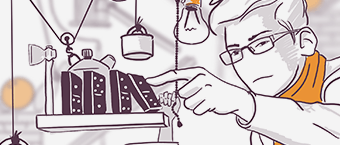 Illustration of a focused individual wearing glasses and a lab coat, working on a complex device with knobs and antennas, surrounded by various hanging and standing lab equipment.