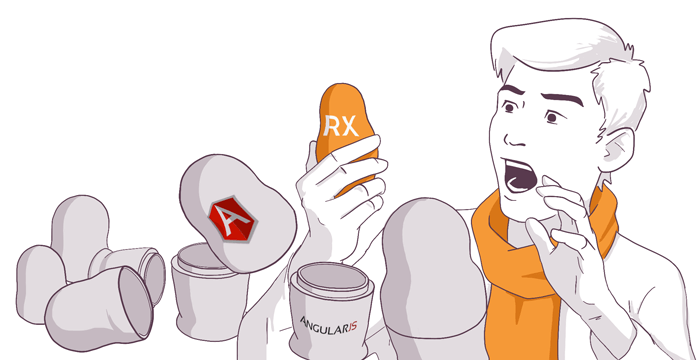 Illustration of a person looking surprised while juggling pill-shaped objects with various symbols, including the Angular logo, suggesting a theme of managing multiple software development tasks or frameworks.