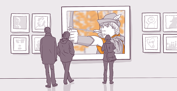 Illustration of two people viewing an oversized painting of a cowboy in a gallery, with portraits on surrounding walls.