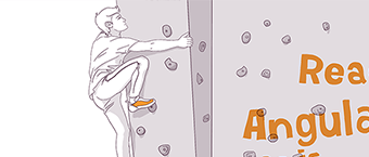 Illustration of a person rock climbing on a wall with the words "React Angular" in the background, symbolizing a challenge or competition between two technologies.