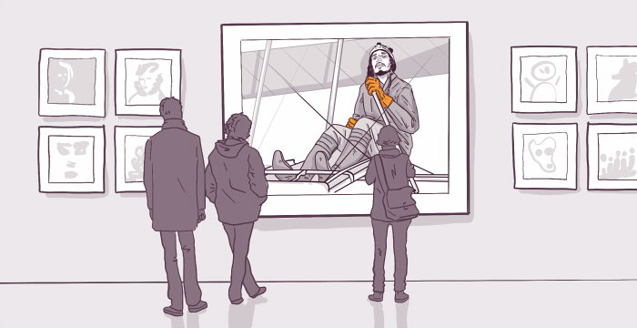 Two individuals observing a large framed artwork of a person in flight gear, surrounded by smaller framed pictures on a gallery wall.