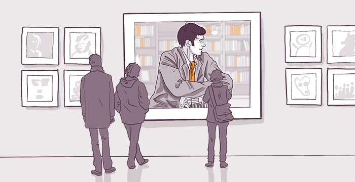 Illustration of two adults and a child viewing portraits in an art gallery, focusing on a large central portrait of a stylish man while other artworks are displayed around.