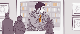 Illustration of a man sitting at a desk in a library with books while two people stand in the foreground, implying a scene of quiet study or work.