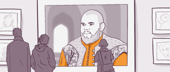 Illustration of two individuals observing a large portrait of a bearded man displayed in an art gallery, with other artworks in the background.