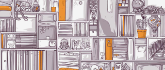 Illustration of a large bookshelf filled with books, ornaments, a sleeping cat, potted plants, framed pictures, and various knick-knacks. The color scheme is monochromatic with a focus on purple hues.