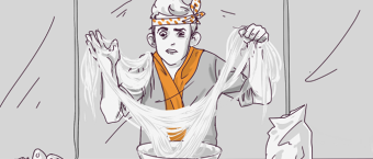 An illustrated person making noodles by hand with an expression of focused concentration, surrounded by kitchenware, in a style reminiscent of a traditional noodle shop.