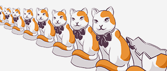 Illustration of a row of stylized orange and white cats wearing bow ties, sitting in a line that recedes into the distance, with the closest cat appearing the largest.