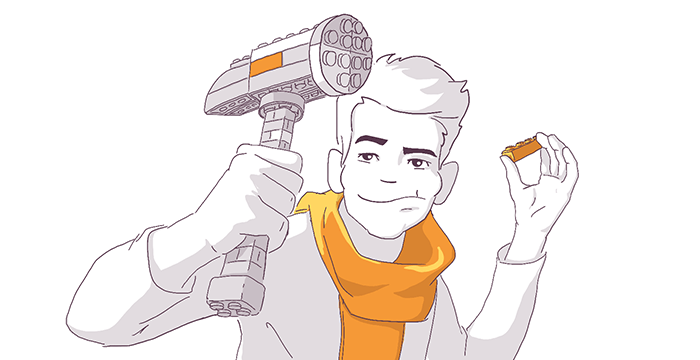 An illustration of a person holding a toy spaceship in one hand and a toy brick in the other, with a playful and focused expression, possibly building or playing.