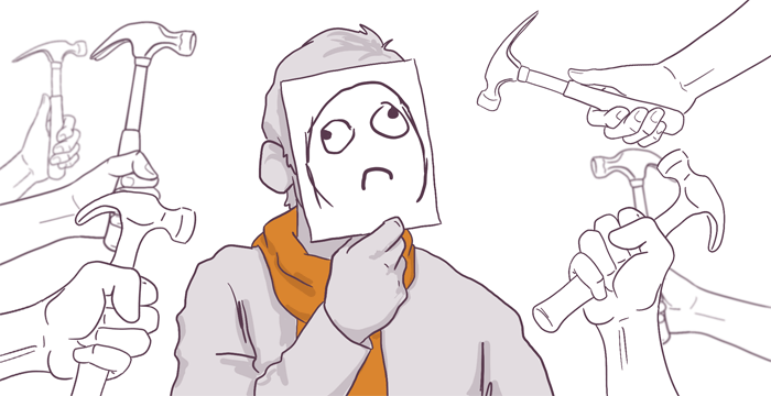 An illustration of a person holding a paper with a sad face in front of their head, surrounded by several hands holding hammers in various positions.