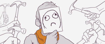 Illustration of a person with a paper bag over their head, looking uneasy with multiple hands holding hammers around them, conveying a sense of impending criticism or judgment.