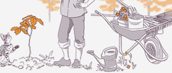 An illustration showing a person in garden attire standing beside a flowering plant and a cat, with a wheelbarrow full of gardening tools and a watering can in the foreground.