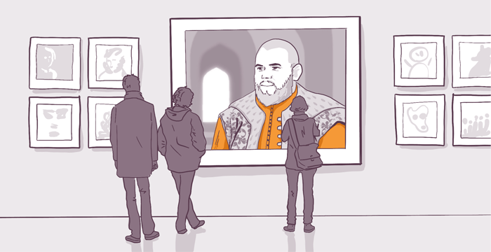 Three people observing art in a gallery, with focus on a large portrait of a bearded individual in the center, surrounded by smaller framed artworks on the wall.