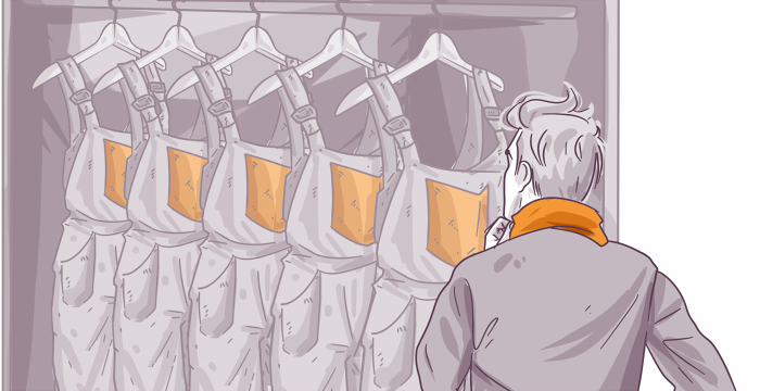 An illustration of a person from behind looking at a row of hanging aprons in a closet.