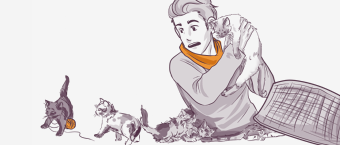Illustration of a person holding a cat with a gentle expression while several other cats play and rest around them, with a cat carrier on one side.