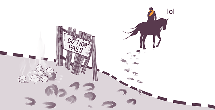 Illustration of a person on a horse ignoring a "DO NOT PASS" sign; the horse has crossed over a barrier leaving hoof prints, with text "lol" above.