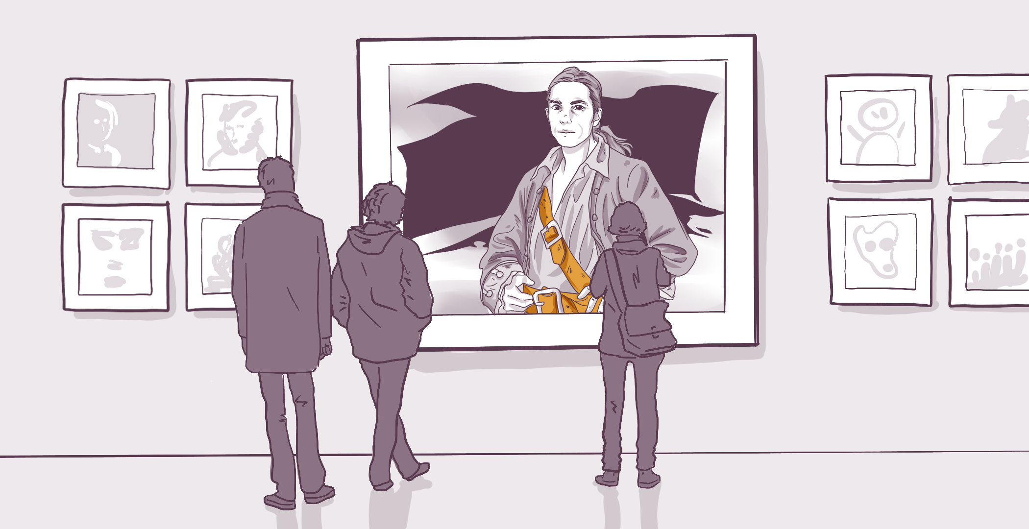 Three people viewing abstract paintings in an art gallery, focusing on a large central portrait with a contemplative subject.