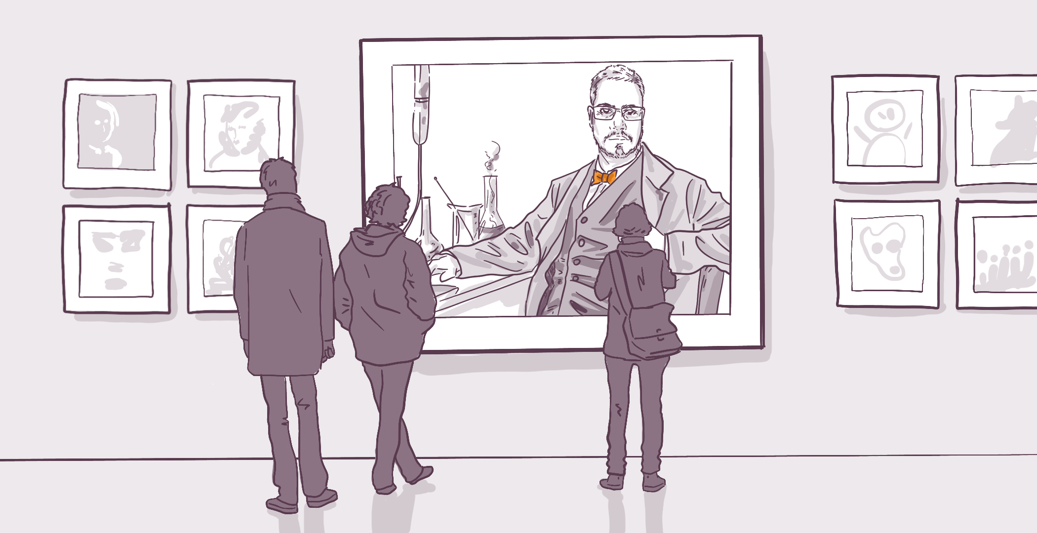 Three people, one adult and two children, viewing a large framed portrait of a man with glasses and a lab coat in an art gallery surrounded by smaller framed abstract images.