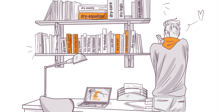 Illustration of a person standing at a bookshelf filled with books, some labeled 'dry-rb,' with a desk showcasing an open laptop displaying a 'Rails' error message, a lamp, and a printer.