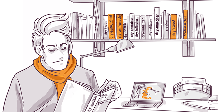 Illustration of a person reading a book at a desk with a laptop displaying a 'Rails' logo, surrounded by shelves of books and a desk lamp, in a monochrome setting with orange highlights.