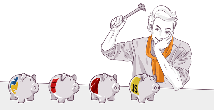 Illustration of a smiling person holding a hammer above piggy banks with various tech logos like CSS, HTML, PHP, SQL, and JavaScript (JS).