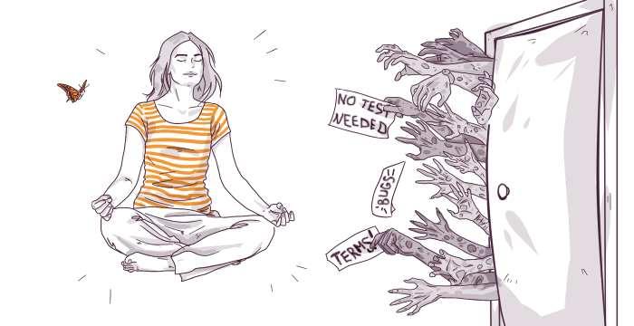 Illustration of a person meditating calmly next to a computer overflowing with hands reaching out, with papers labeled "Terms" and "No tests needed," juxtaposed with a free-flying butterfly.