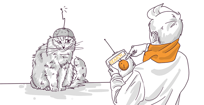 Illustration of a person holding a device with "SEARCH" on it, looking intrigued at a cat wearing a helmet with an antenna, suggesting a humorous or whimsical scenario.