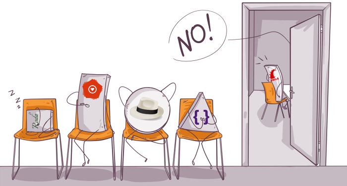 Illustration of anthropomorphic mobile apps on chairs in a waiting room: a sleeping music app, a social media app, a messaging app with a hat, and a gaming app being kicked out by a security app.