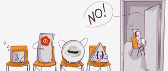 Four anthropomorphic batteries sitting in chairs facing away from a door, each showing a decreasing charge level; the most discharged one walks out the door with "NO!" speech bubble.