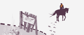 Illustration of a person riding away on a horse near a broken fence with a "Wanted" poster, leaving a trail of footsteps in the snow.