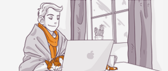 Illustration of a person working on a laptop with a cat on their lap, sitting by a window with a view of a tree outside, and a cup on the windowsill.