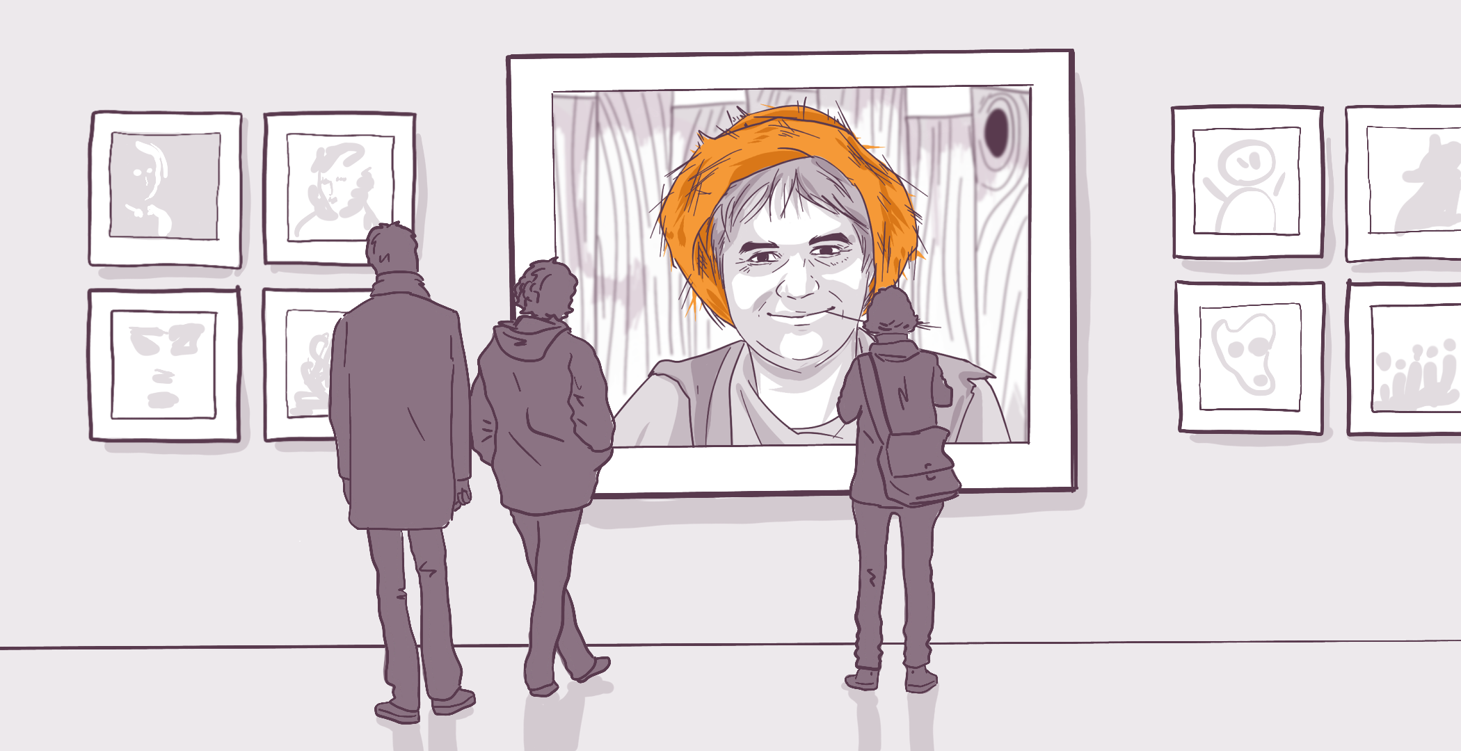 Three people viewing various framed artworks in a gallery, focusing on a large portrait in the center.