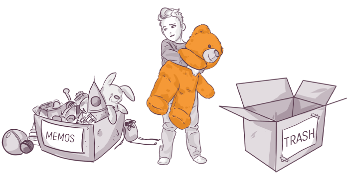 Illustration of a child carrying a large teddy bear past a box labeled 'MEMOS' overflowing with toys, towards an empty box labeled 'TRASH'.