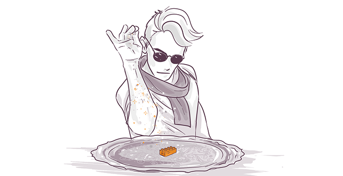 Illustration of a stylish person in sunglasses sprinkling toppings onto a waffle on his plate.