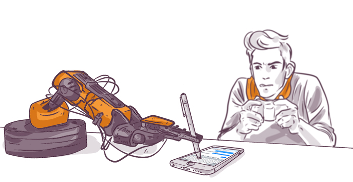 Illustration of a robotic arm interacting with a laptop while a man observes closely, hinting at a concept of automation or robotic programming.