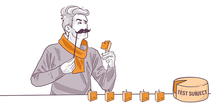 Illustration of a man with a prominent mustache examining a piece of cheese, with multiple cheese samples lined up on a table, and a "Test Subject" container nearby.