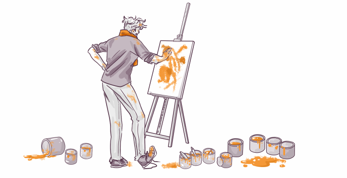 An illustration of a person standing in front of an easel, painting on a canvas, with scattered paint cans and paint spills around on the floor.