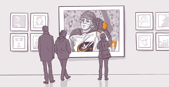 Illustration of three people observing a painting of a hockey player on a gallery wall, surrounded by more artwork.