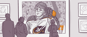 Illustration of people admiring a gallery wall featuring a prominent drawing of a hockey player in uniform with focused, determined expression. Other framed artwork is visible in the background.