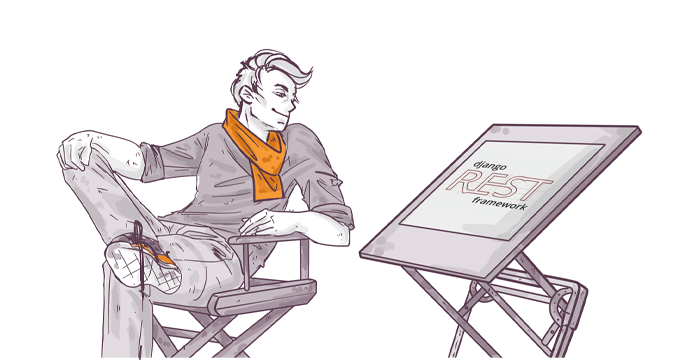 Illustration of a stylized man sitting with crossed legs on a director's chair, turning towards a signboard displaying "Django REST framework".