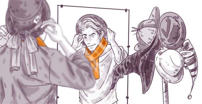 Illustration of three characters: a person in an astronaut helmet to the left, a person adjusting their glasses in the center, and a humanoid figure with butterfly wings on the right, all in monochrome tones.