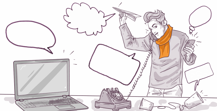 Illustration of a busy person multitasking with various communication devices and a paper airplane, surrounded by empty speech bubbles.