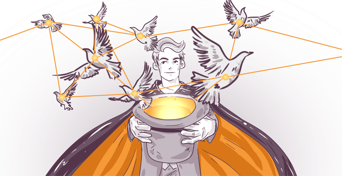 Illustration of a person with wings holding a glowing bowl, connected by lines to flying birds around them, representing a network or communication concept.