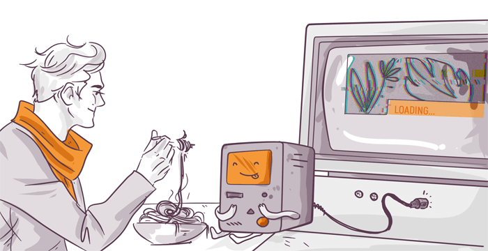 Illustration of a person eating noodles while watching a computer monitor with a loading animation, accompanied by a retro-looking sad-faced computer tower.