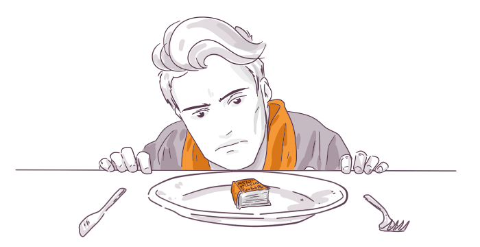 Illustration of a disappointed young man staring at a tiny slice of cake on a large plate, with a fork and spoon on either side.