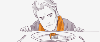 Illustration of a displeased man looking at a small piece of chocolate on a plate, with empty utensils on either side, portraying a concept of dissatisfaction with meal portion size.