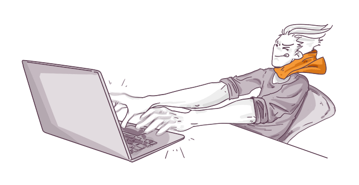 Illustration of a person with an exaggerated long arm typing on a laptop, likely depicting a concept of reaching out or extended effort in a digital context.