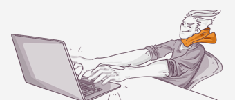 Illustration of a person with exaggerated long arms typing on a laptop with intense focus, hair blowing back, and wearing a scarf and casual shirt.